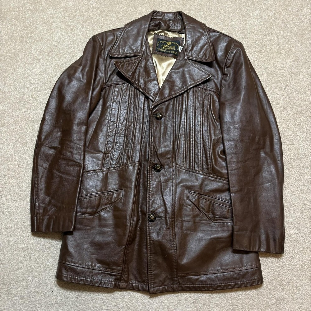 Vtg‎ Genuine Leather Coat Mens 38 Brown Button Overcoat Plaid Wool Liner 60s 70s